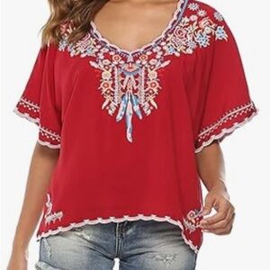 Embroidered Mexican Bohemian Red Women's Rayon /Cotton Top